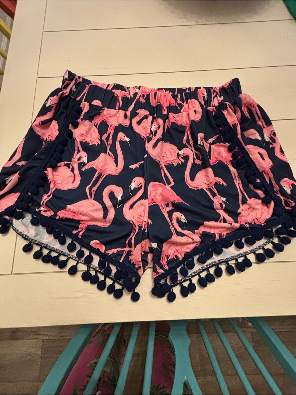 Simply Southern Navy Shorts with Pink Flamingo Print and Pom Trim